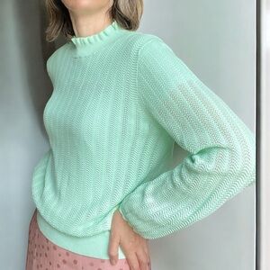 JCrew Crochet Sweater Mint Green Cotton Long Sleeve Mock Neck Ruffle M Romantic